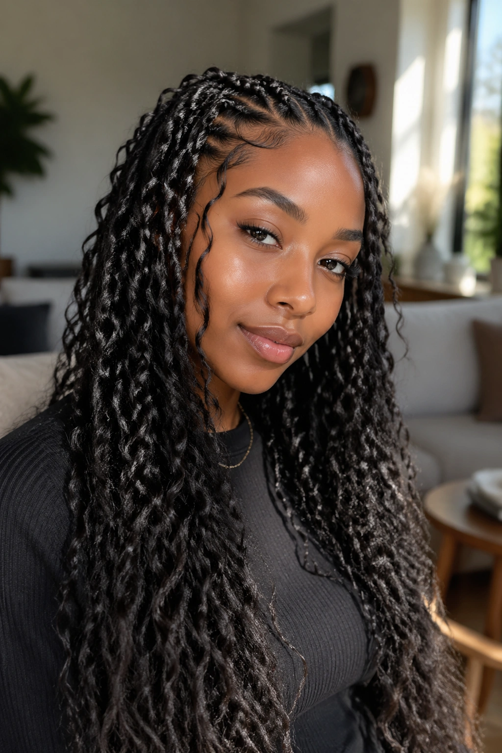 Close-up of a real woman with two-strand passion twists and wave texture