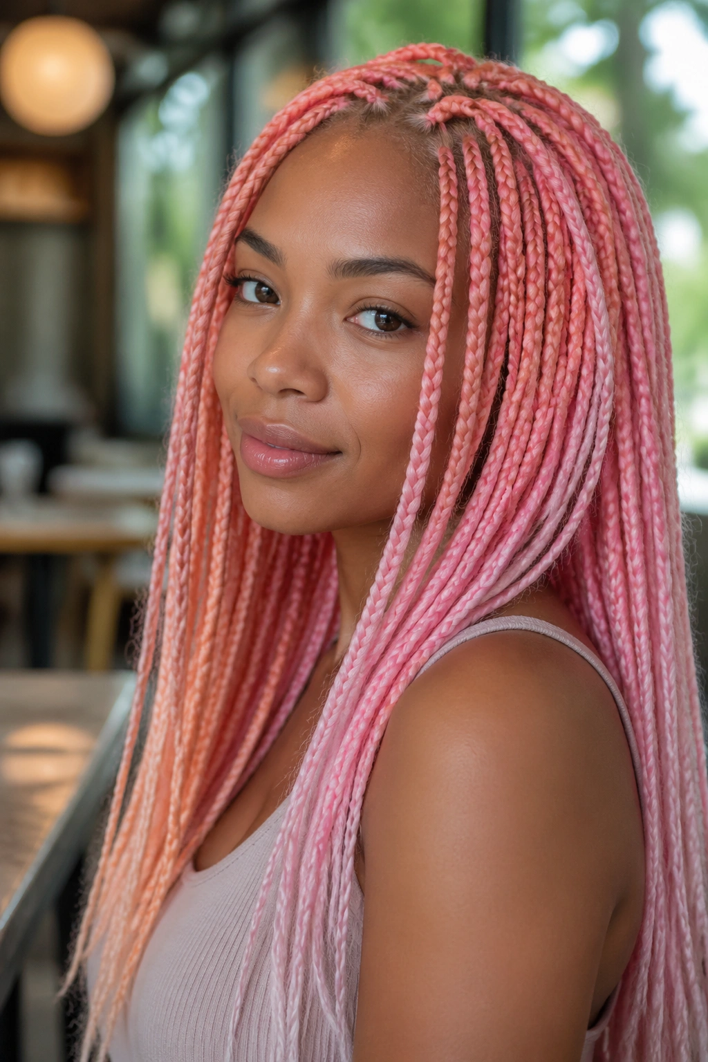 Real person with pastel orange and pink box braids in a soft cafe setting