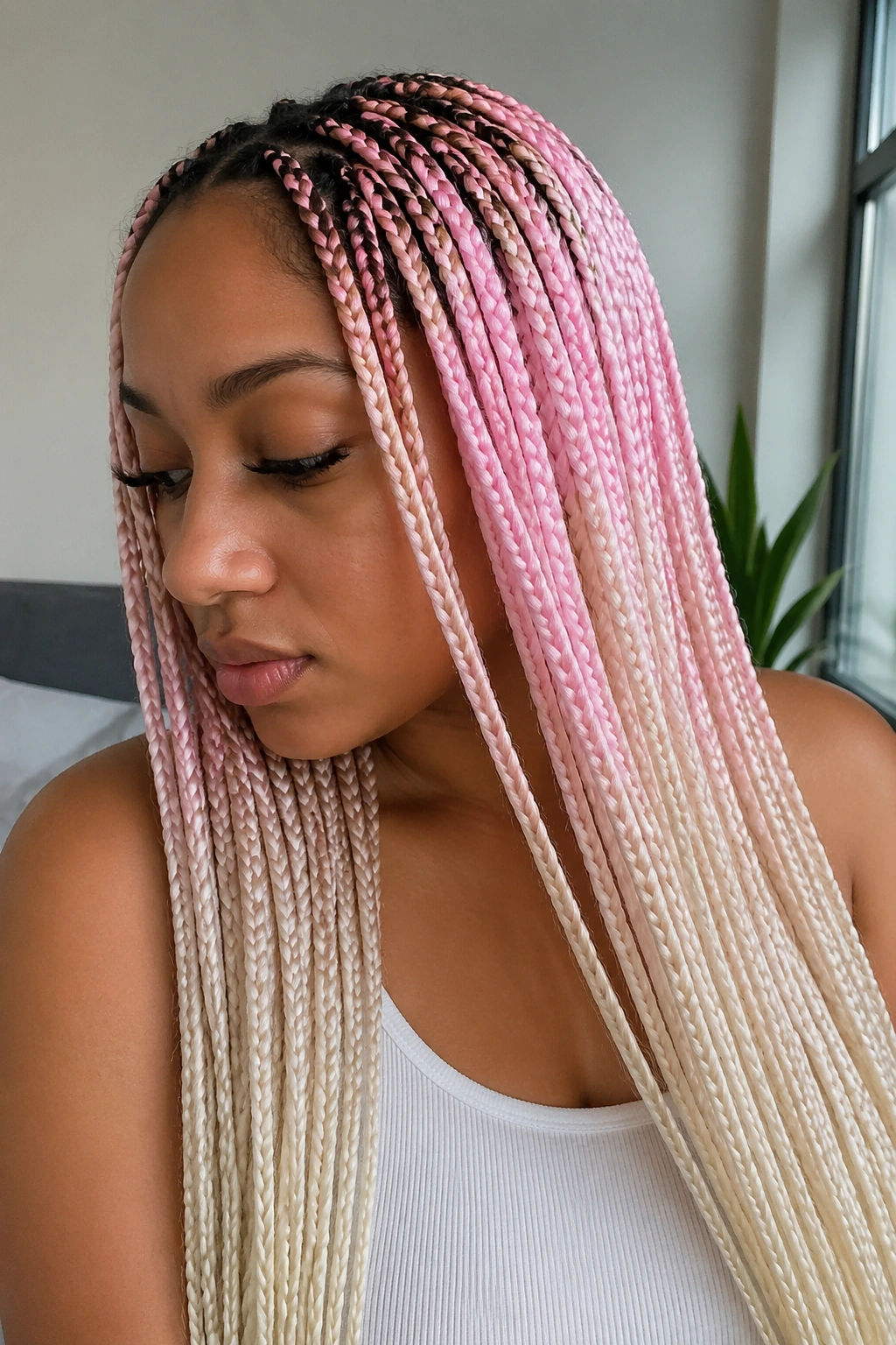 Real person with pastel pink and light blonde ombre box braids
