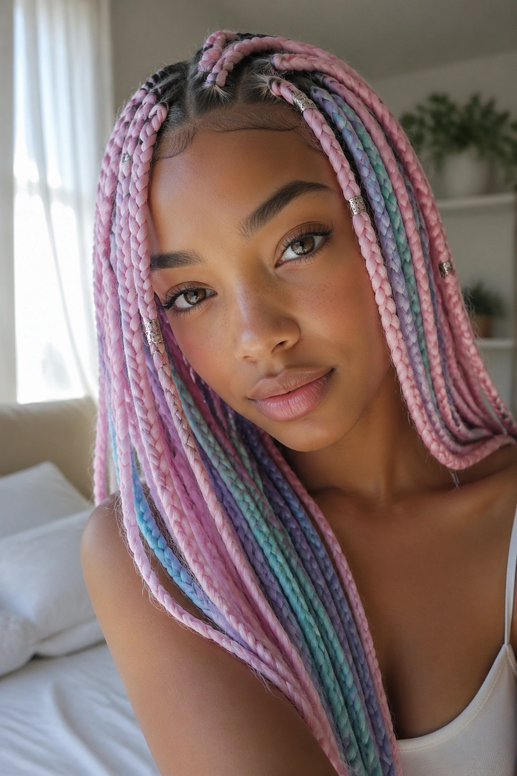 Close-up of a real person wearing pastel cotton-candy braids with a soft finish