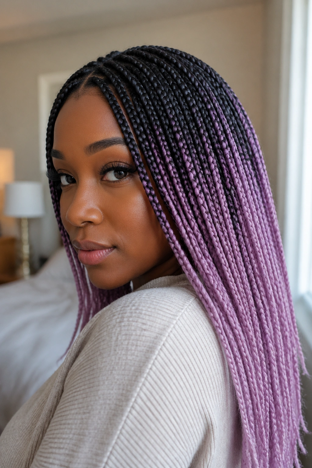 Close-up of a real woman with pastel orchid box braids in soft bedroom light