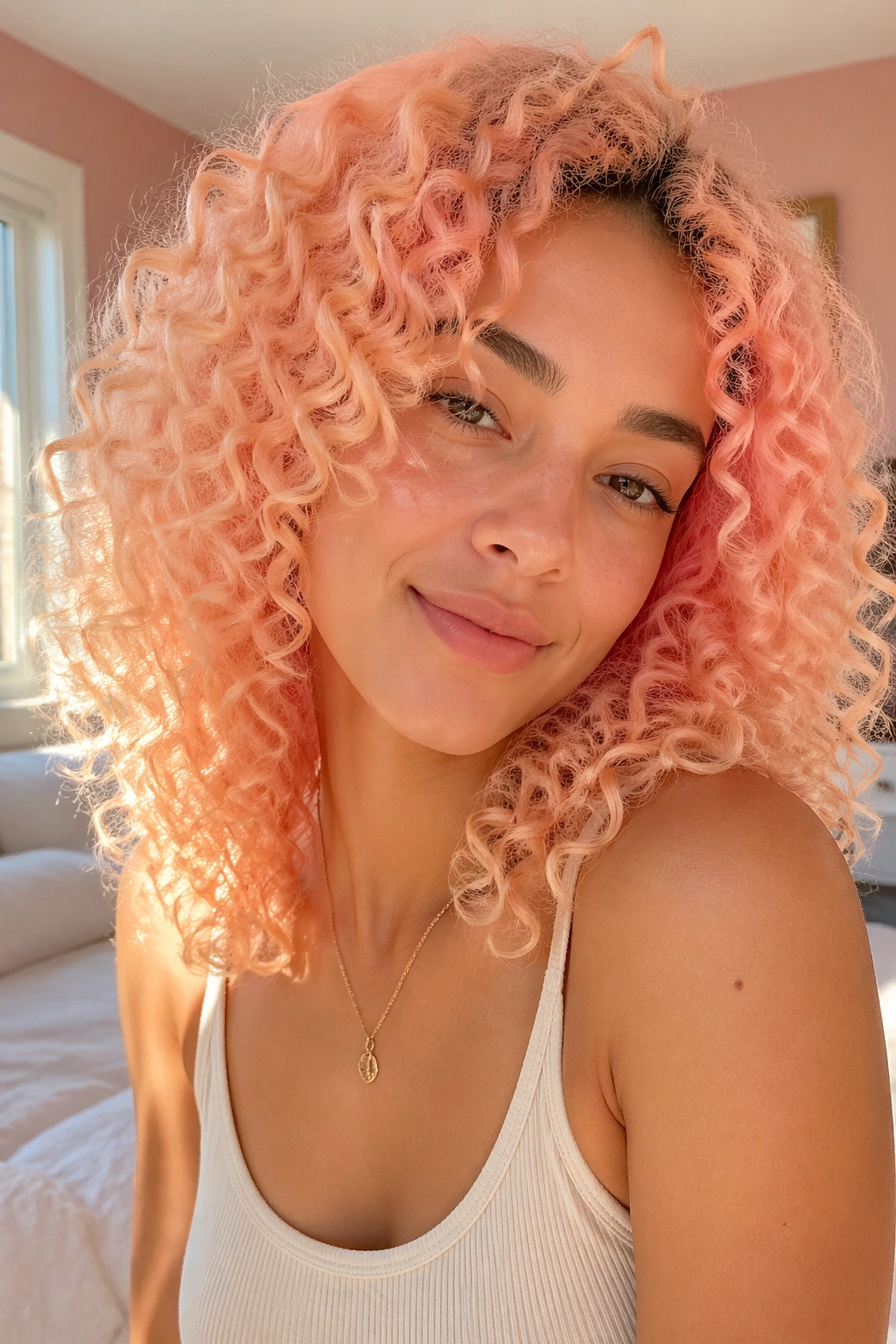 Close-up of real person with pastel peach curls in warm sunlight
