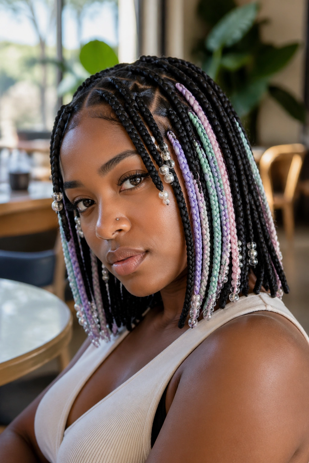 Close-up portrait of Layered Pastel Peekaboo With Pearl Beads hairstyle on a real person