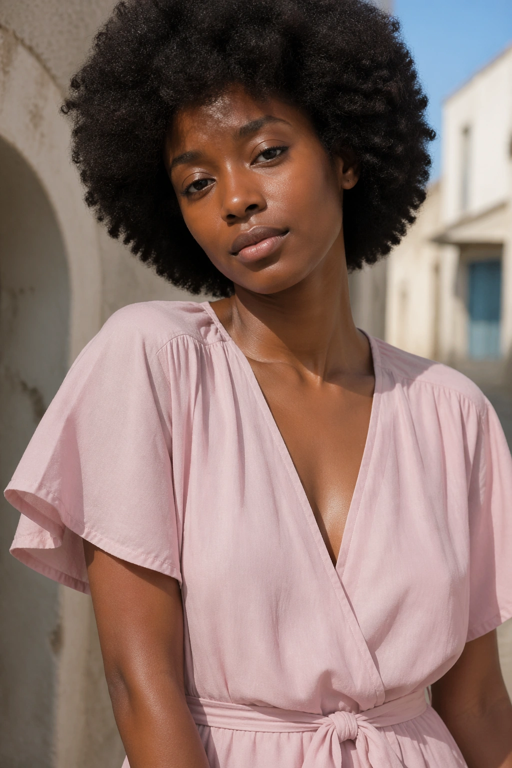 Model wearing pastel pink outfit illustrating color to avoid