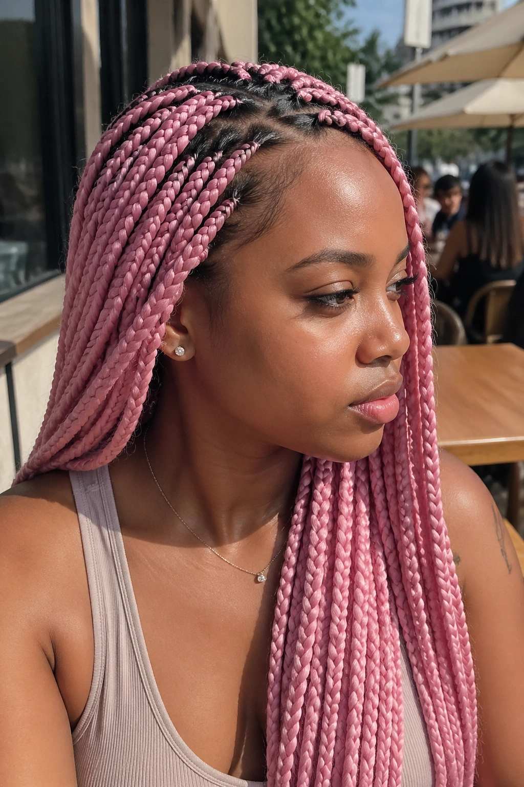 Close-up portrait of a real woman with pastel pink box braids and dark roots.