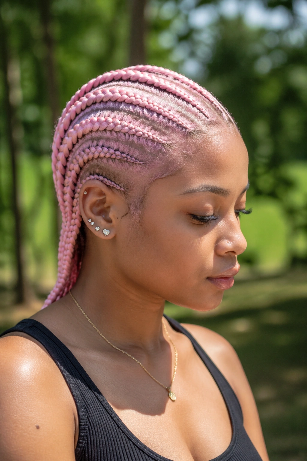 Close-up of a real person with eight pastel pink cornrows from hairline to nape