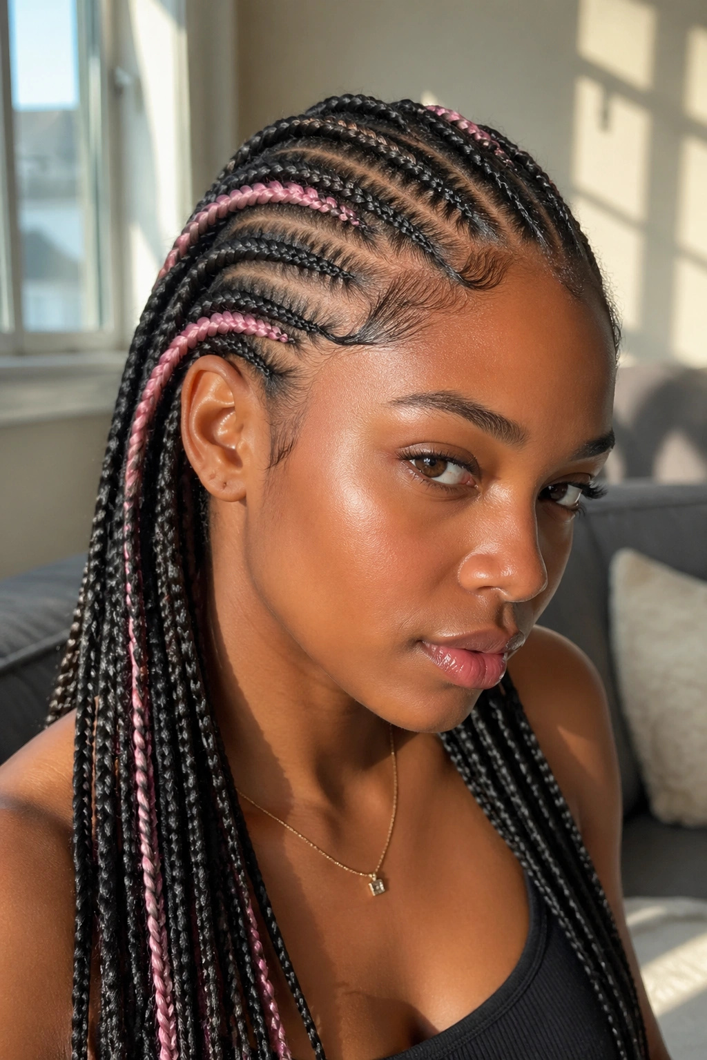 Close-up of real woman with pastel pink highlights in cornrows among darker base.