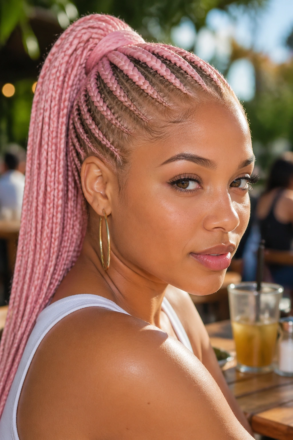 Close-up of a real person with pastel pink cornrows braided into a ponytail