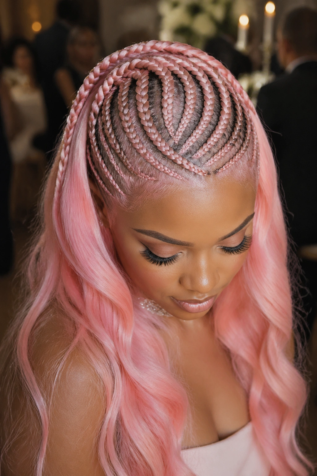 Close-up of a woman wearing a cornrow crown with pastel pink hair flowing below.