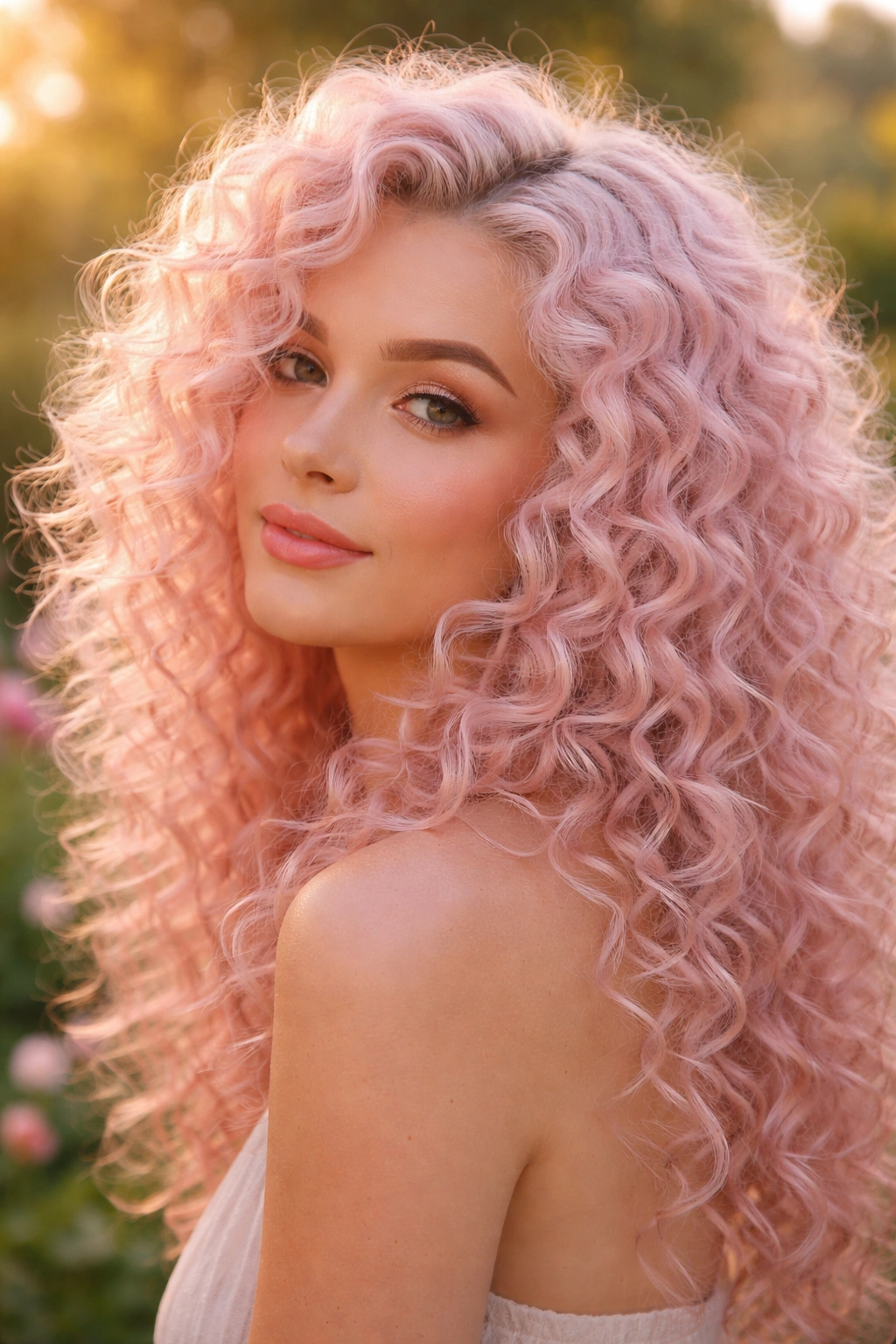 Close-up of a real person with pastel pink curls in golden-hour garden light.