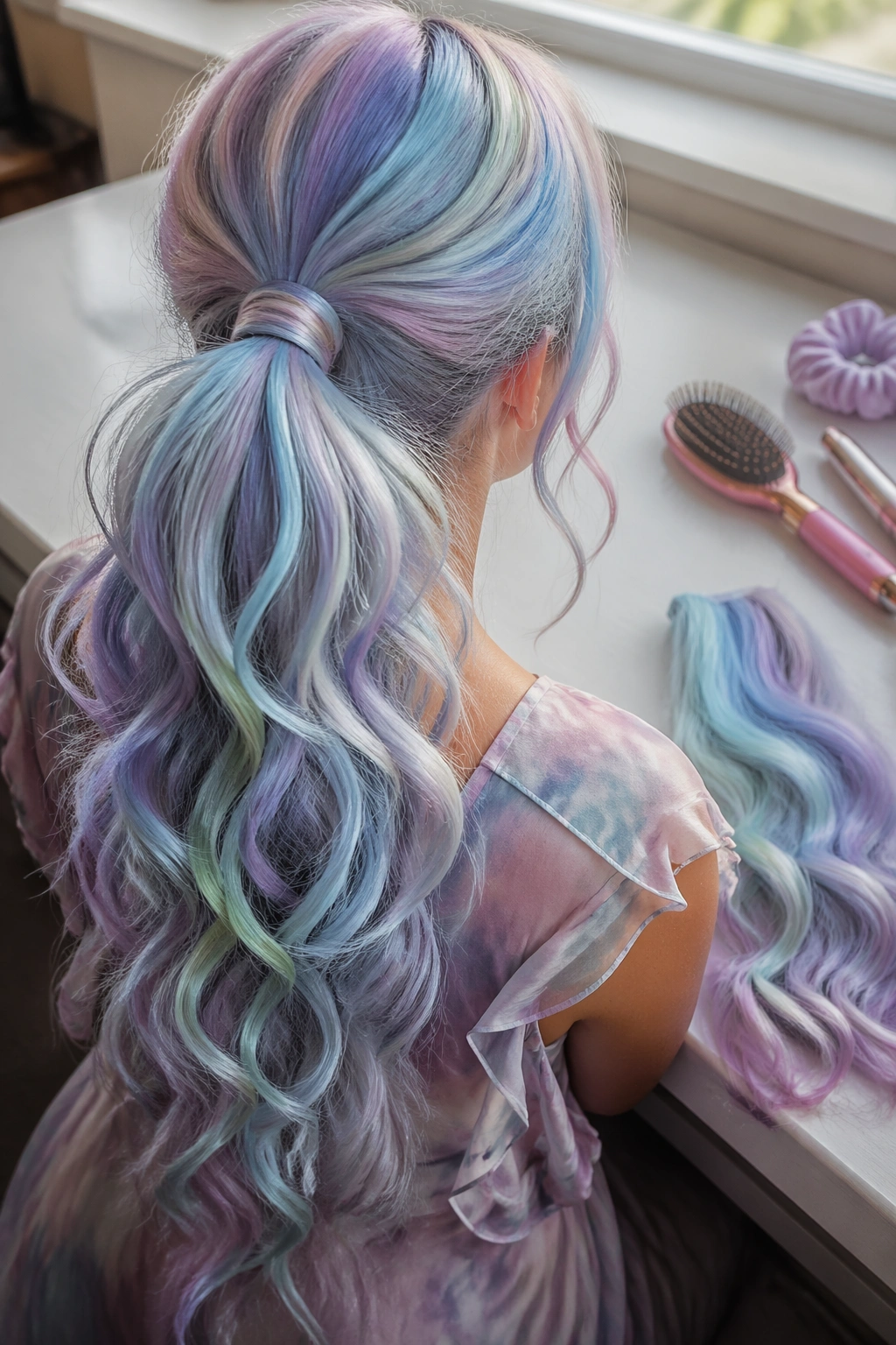 Overhead flat-lay of pastel cloud ponytail and styling tools on a bright desk.