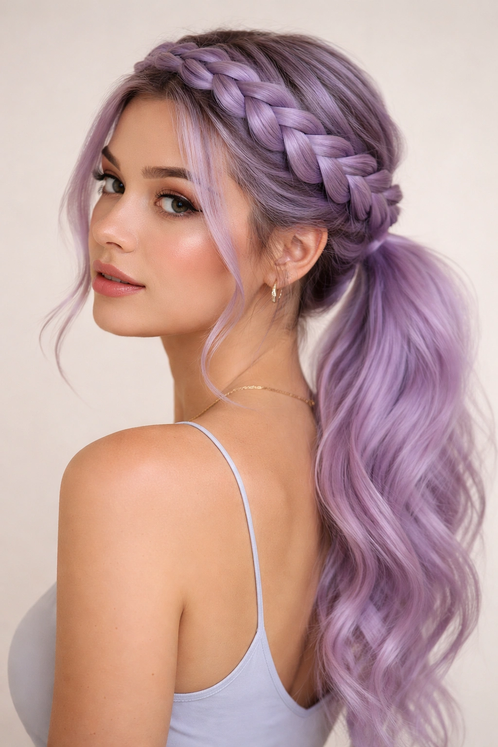 Pastel crown braid across the head leading to a low ponytail.