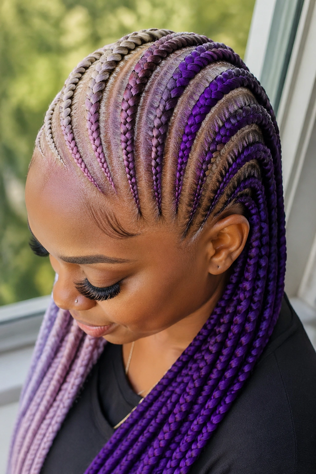 Portrait of a woman with lavender to grape purple cornrows showing pastel vs saturated tones