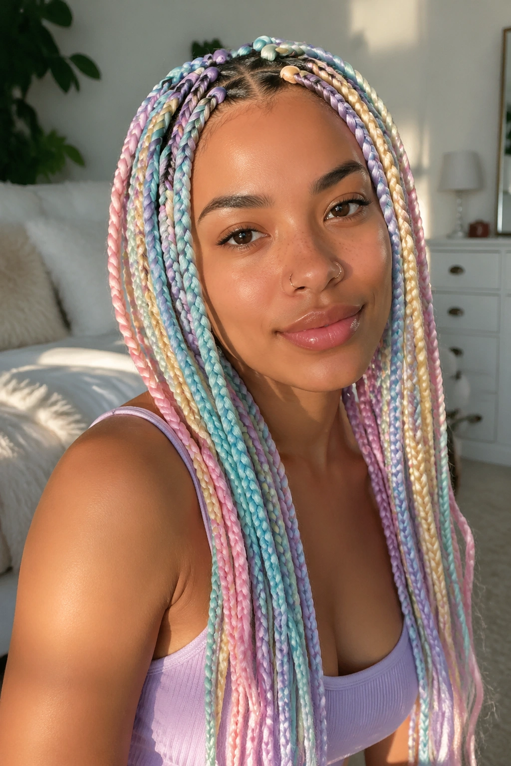 Close-up of a real person with pastel rainbow box braids in soft pastel shades under natural daylight
