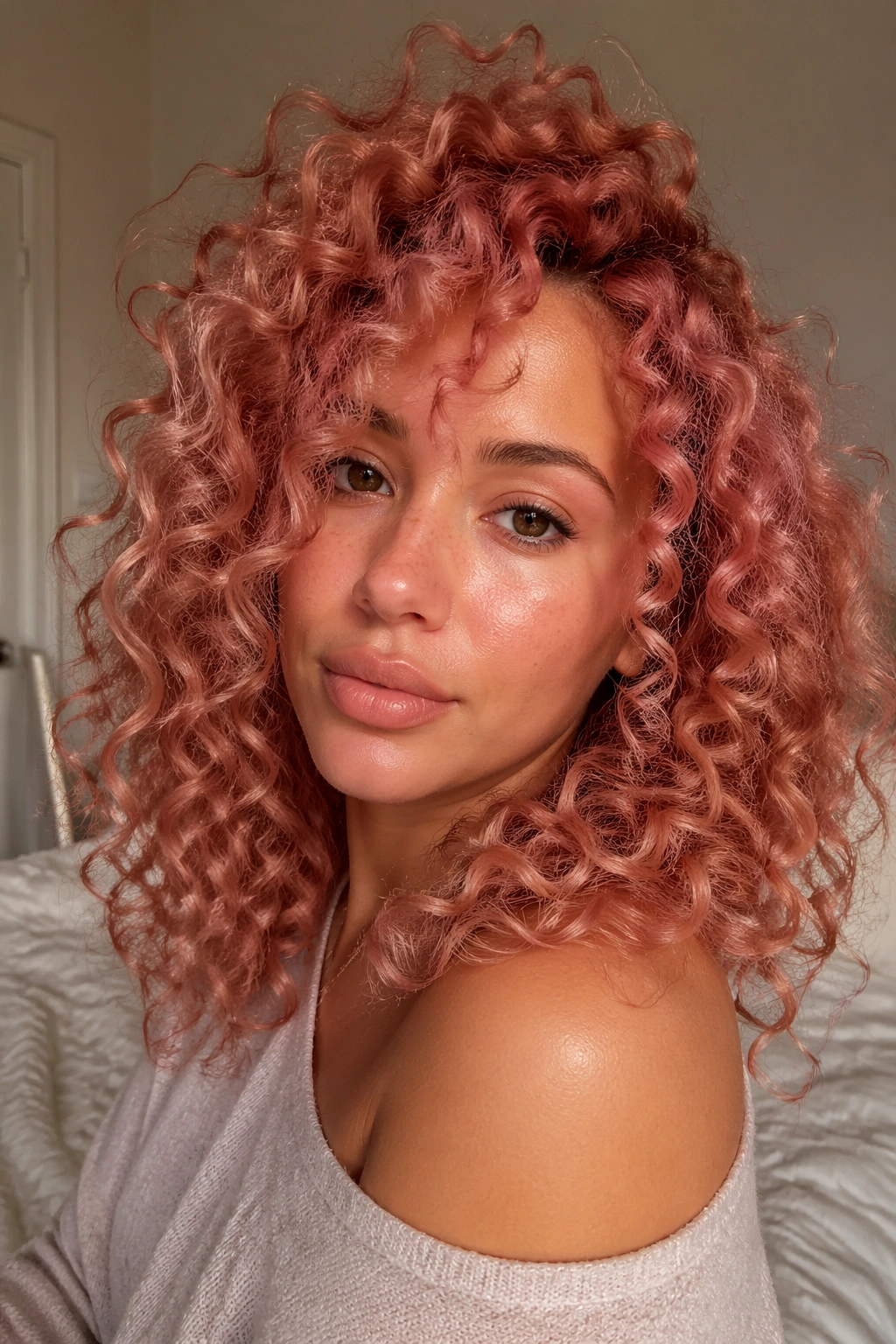 Close-up of a real woman with pastel red washed-out rose curls in soft natural light