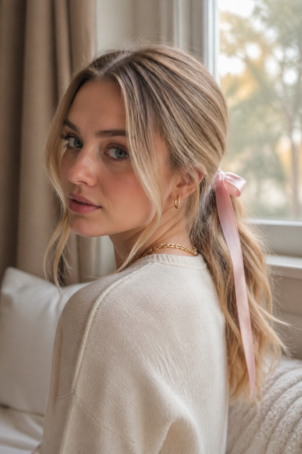 Real woman with pastel ribbon and face-framing pieces in a low ponytail