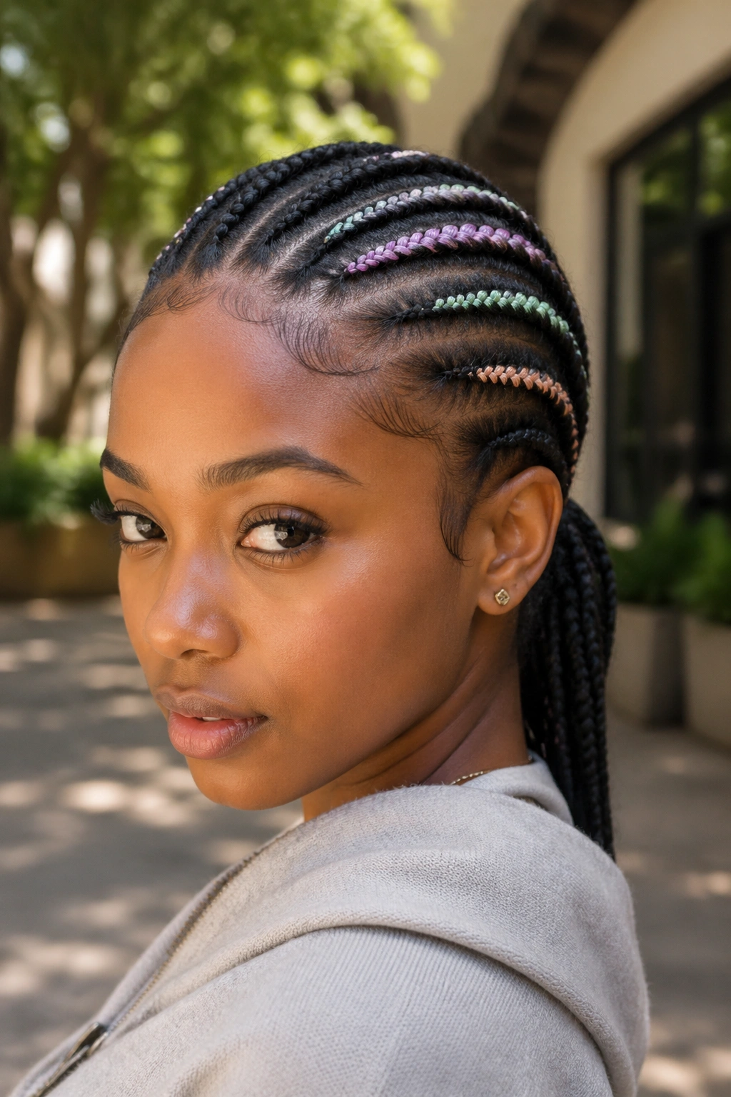 Real woman with cornrows and pastel color streaks woven through the braids.