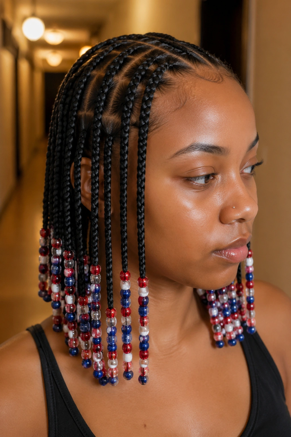 Braid beads in pattern colors along multiple cornrows on real person
