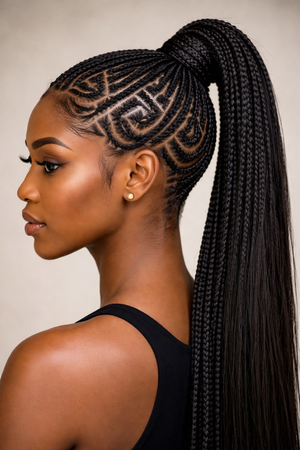 Close-up of an intricate geometric patterned braided ponytail on dark skin with scalp braids