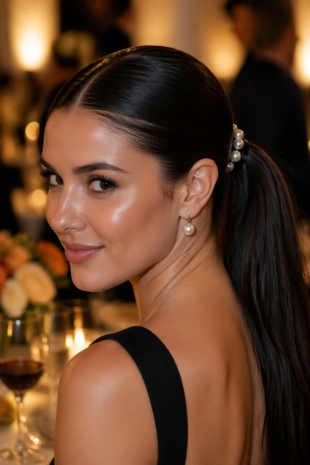 Real woman with pearl-accent ponytail showing delicate pearls