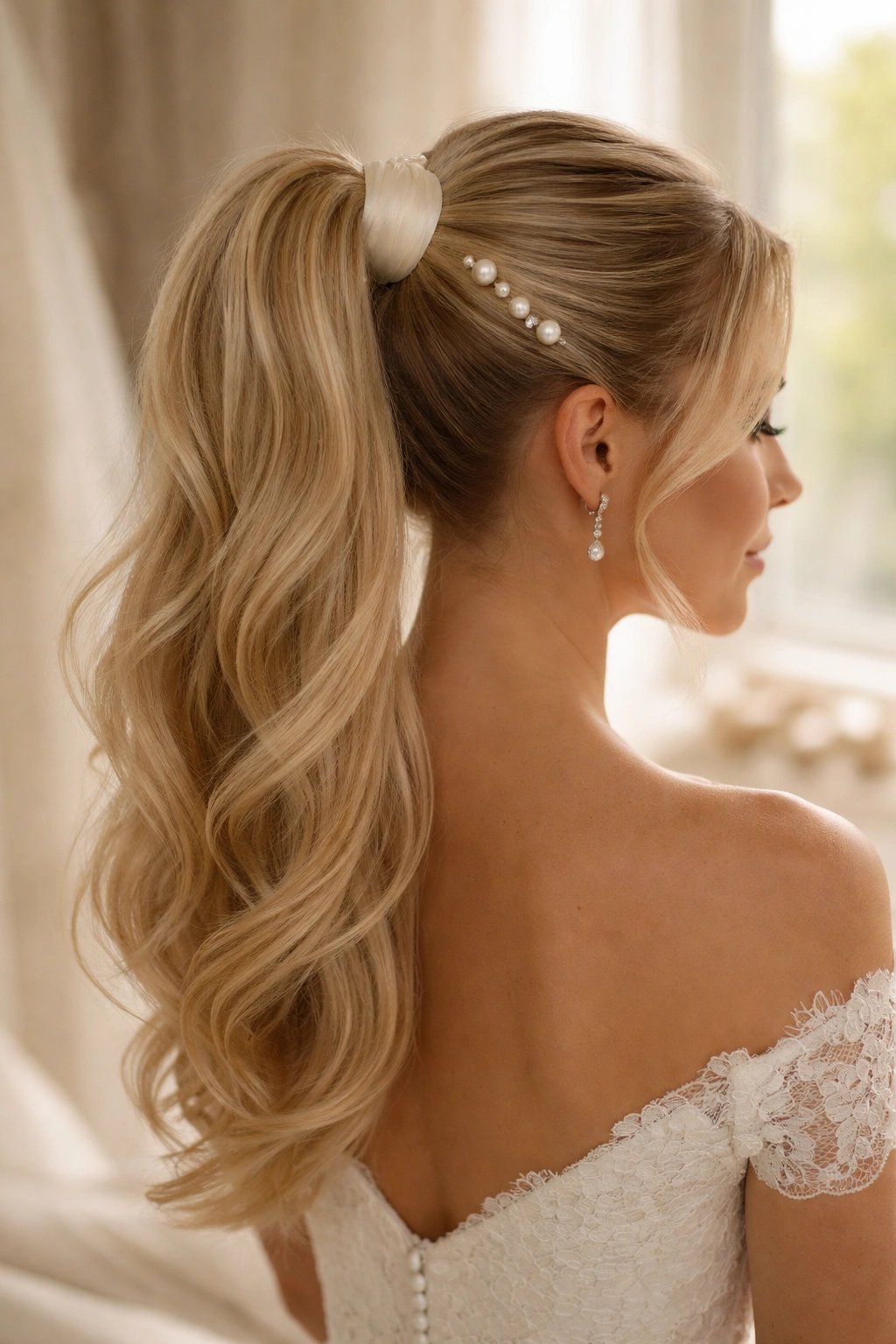Bride's pearl-accent high ponytail with satin wrap