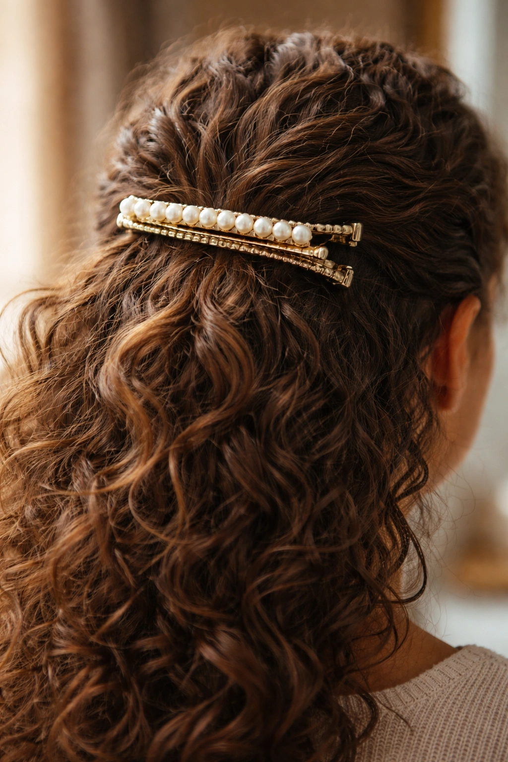 Close-up of a pearl-trim alligator clip gripping curly hair in a half-up style.