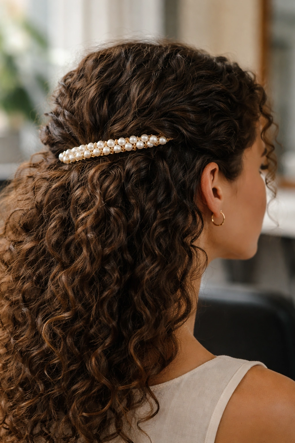 Close-up of a real woman wearing a pearl French barrette along a twist near the crown