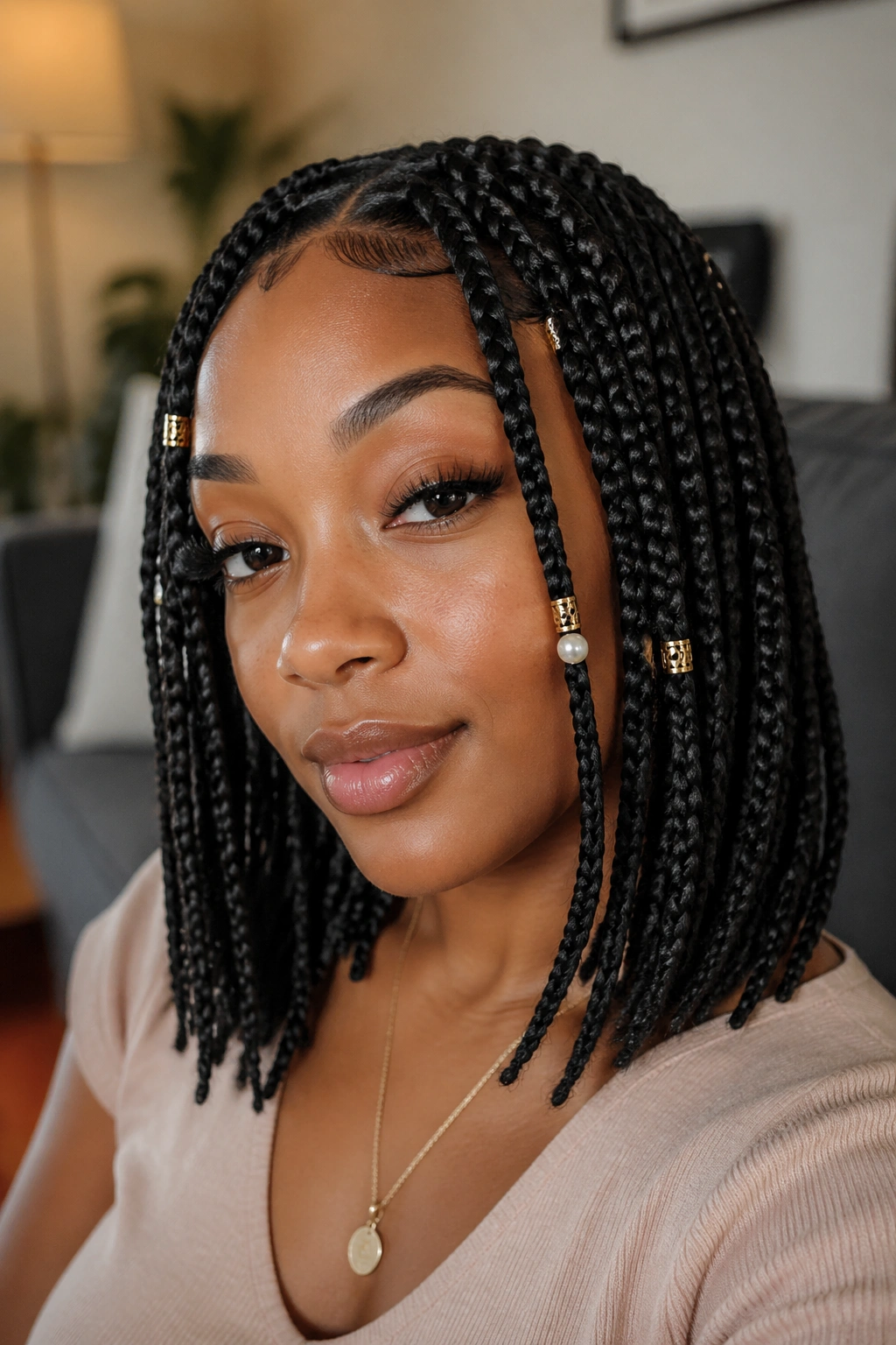 Portrait of pearl beads and small gold cuffs on braids