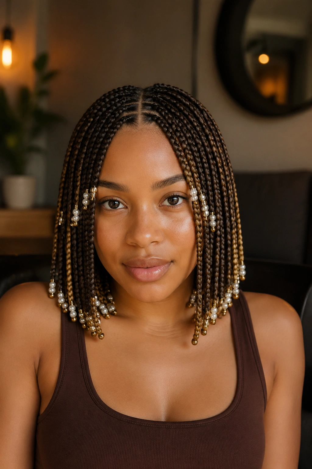 Real woman with center-part box braids and pearl and gold beads