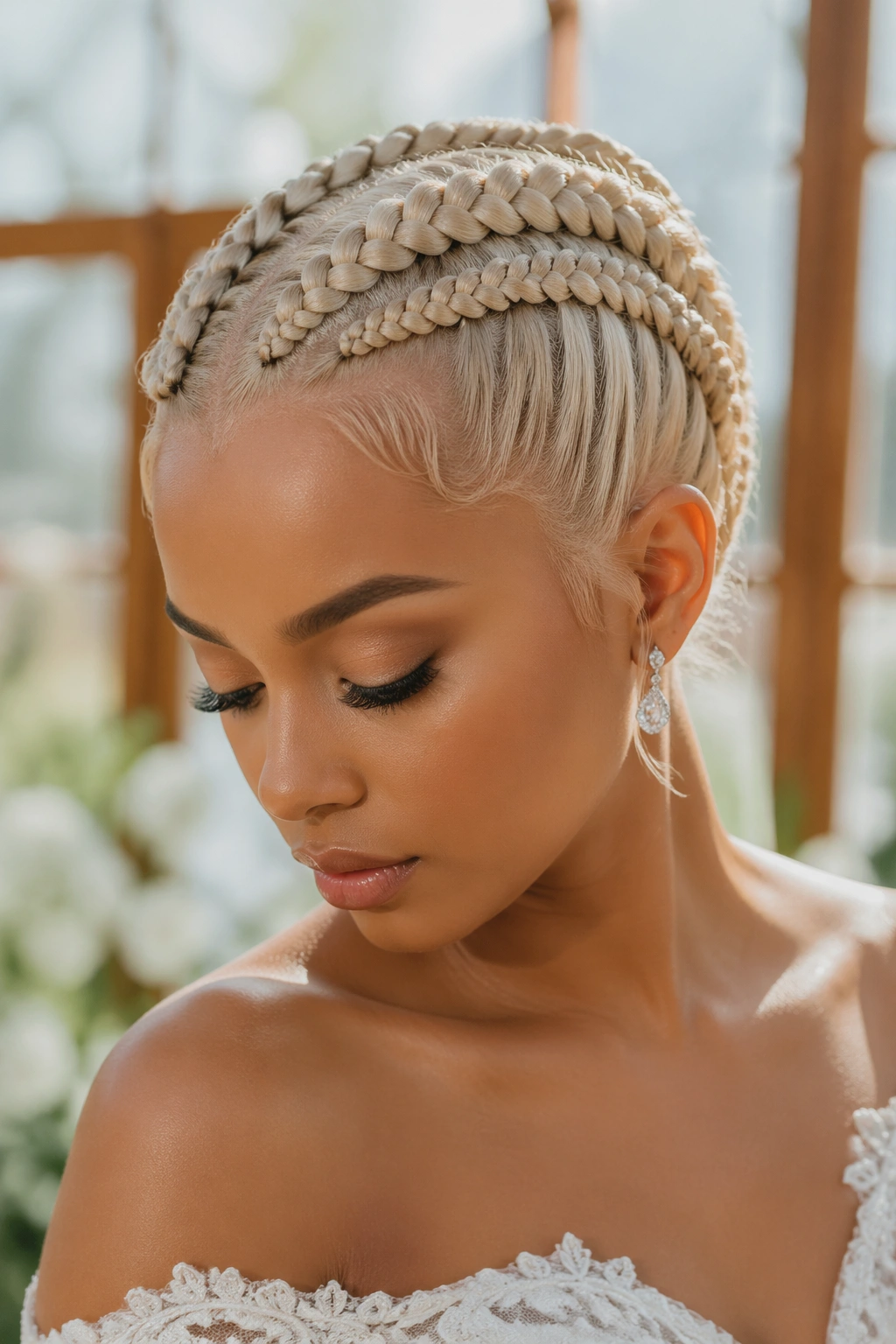Close-up of a real woman with pearl blonde crown braids in bridal styling under soft window light.