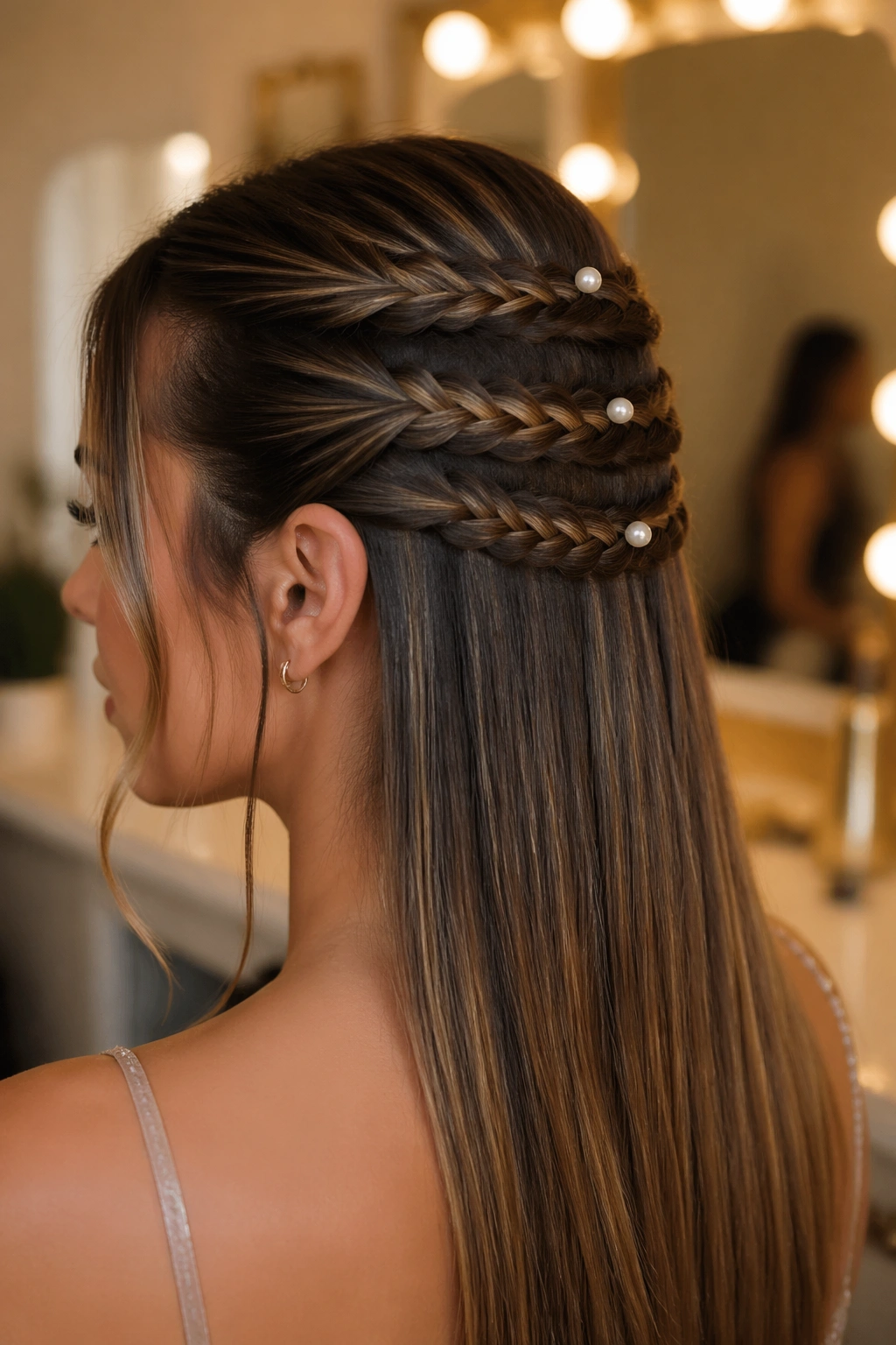 Close-up of a braid stack with small pearl pins along two or three slim braids.