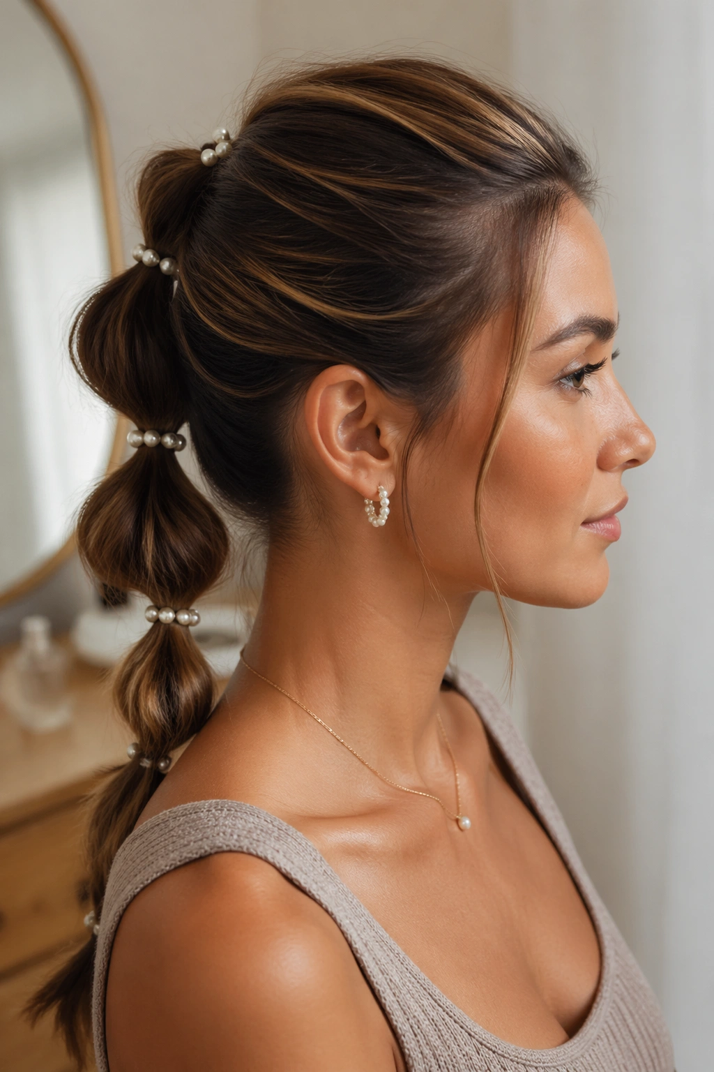 Real person with pearl-accent bubble ponytail