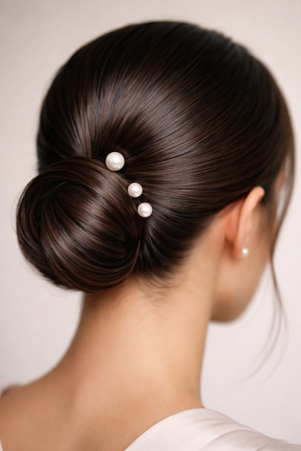 Close-up of a sleek low bun with pearl pins creating a minimalist formal hairstyle