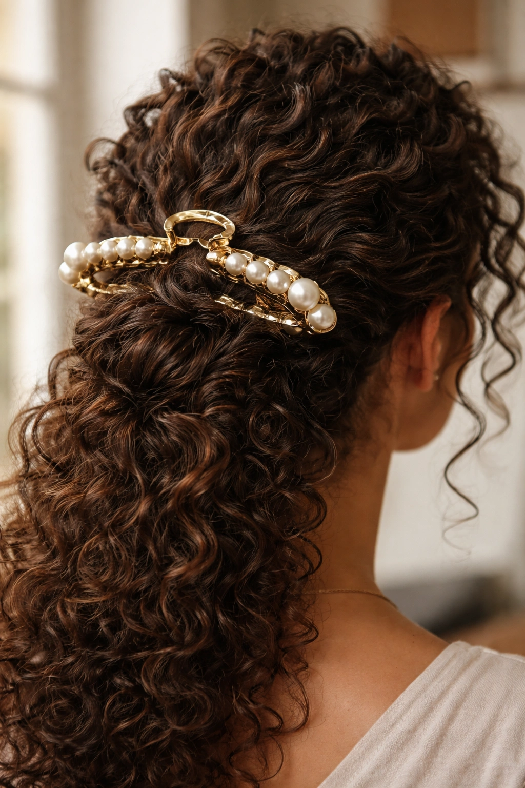 Large pearl claw clip gripping thick curls at the nape.