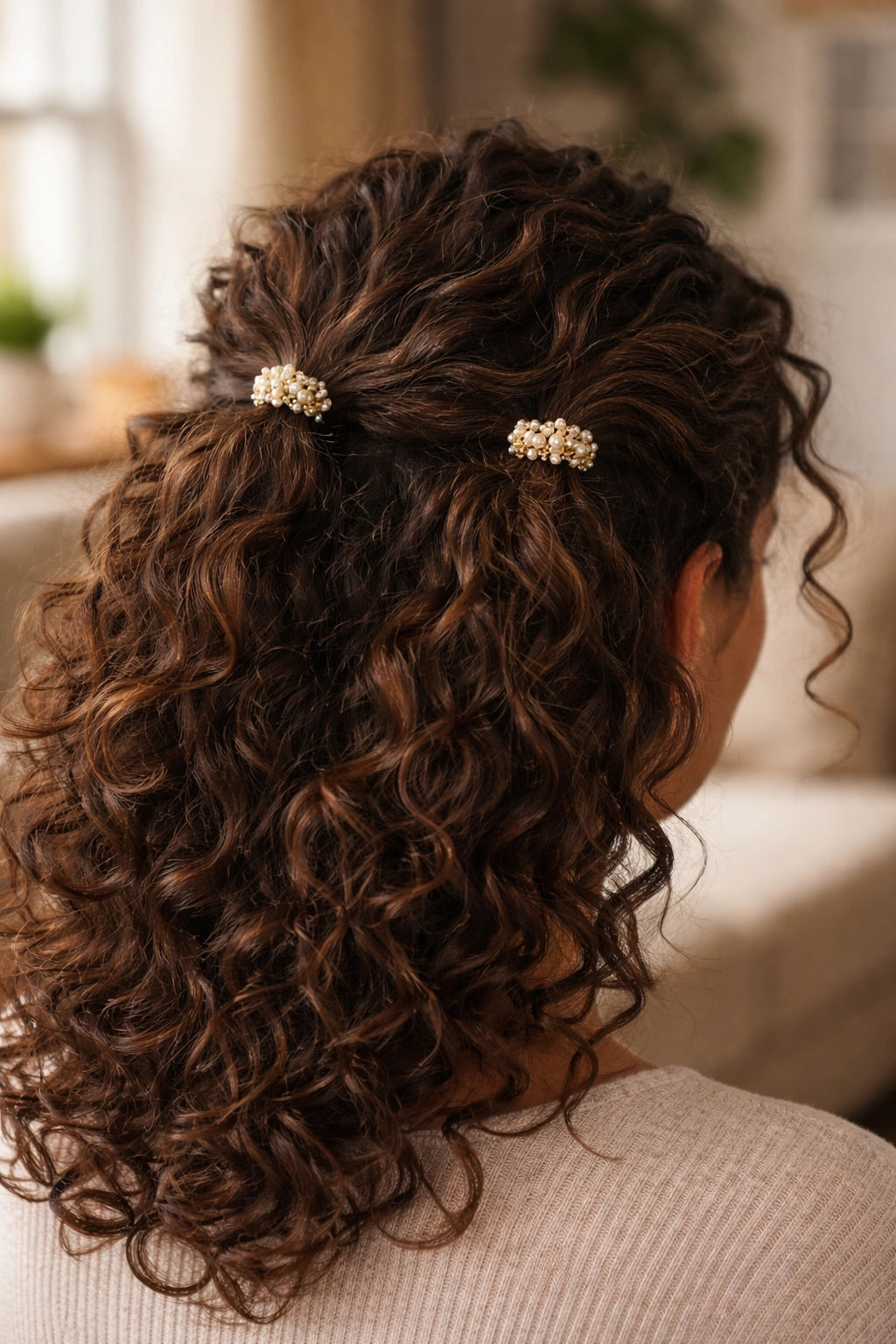 Real woman with two tiny pearl claw clips holding hair on both sides of the crown