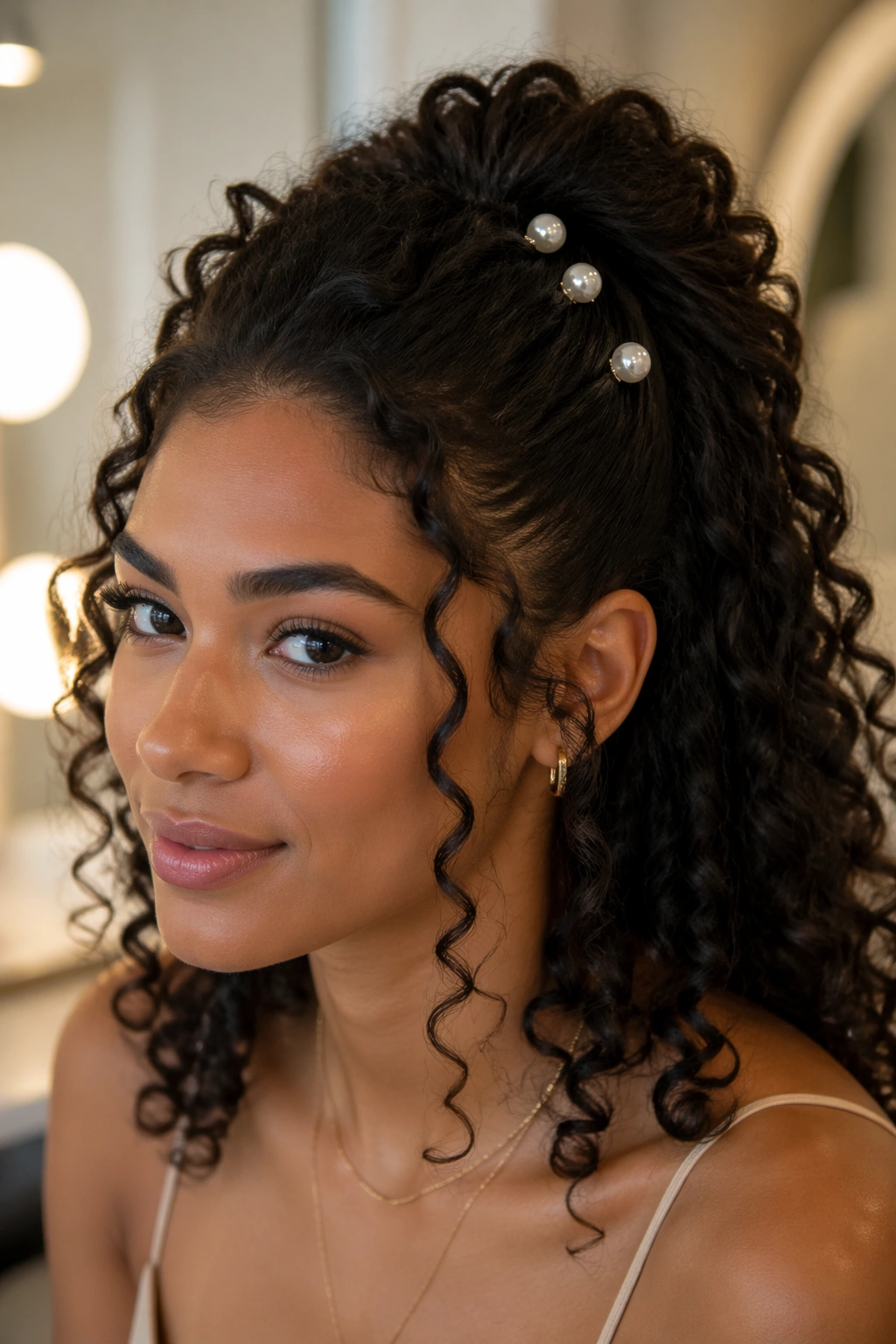 Portrait of The Pearl-Clip Half Ponytail with pearl clips accenting the crown.
