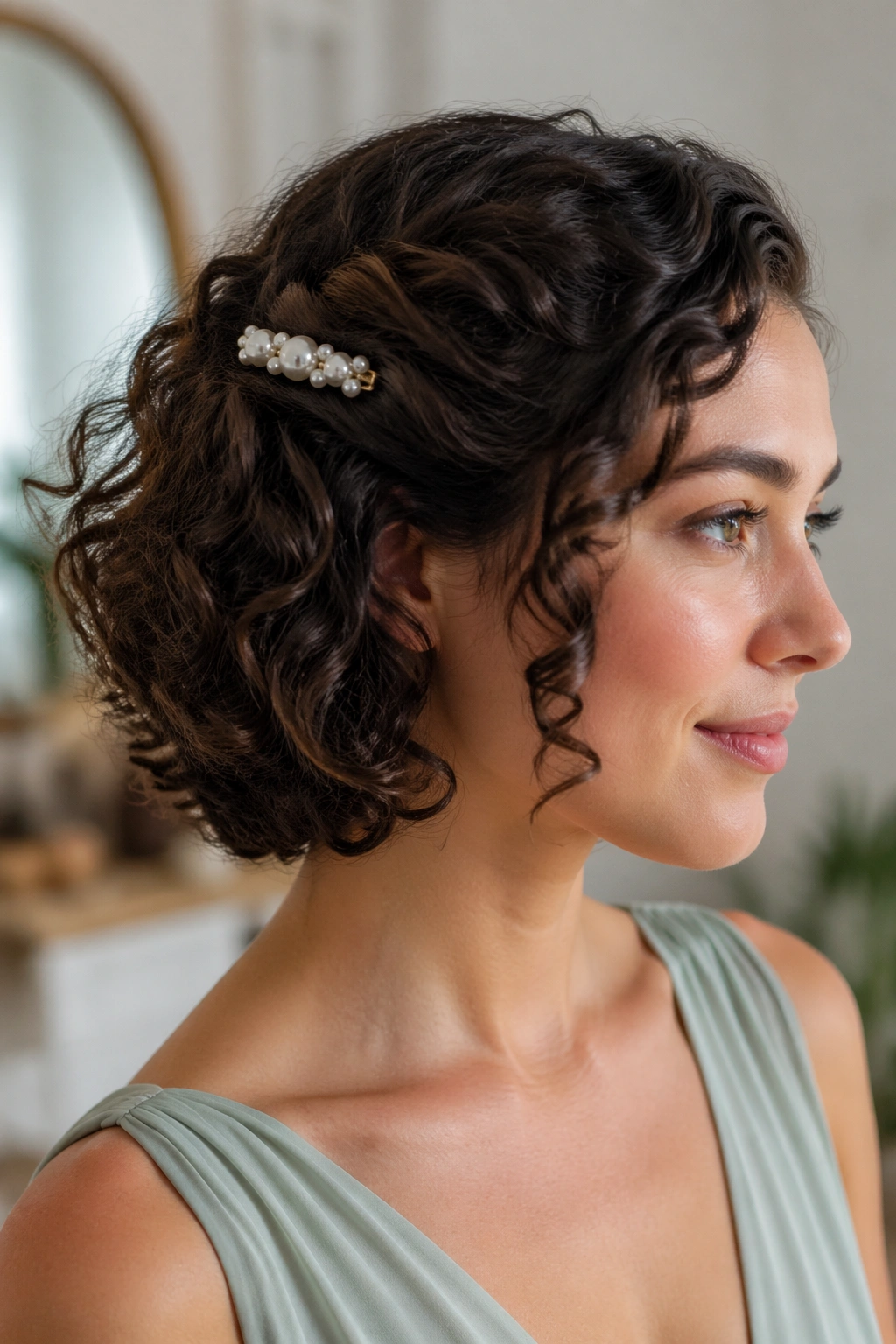 Close-up of a woman with a pearl clip half-sweep on a short lob in soft dressing-room light