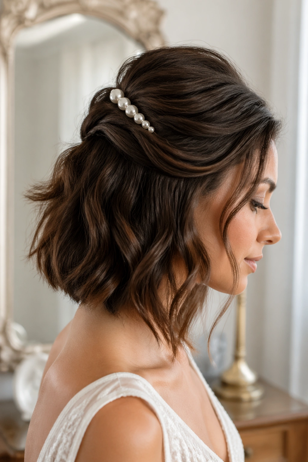Close-up of a real woman wearing a pearl clip pin-back with loose waves