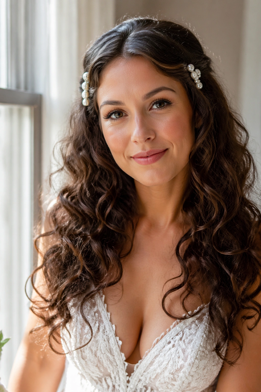 Bride with Long Loose Curls and Pearl Clips in a bright bridal suite