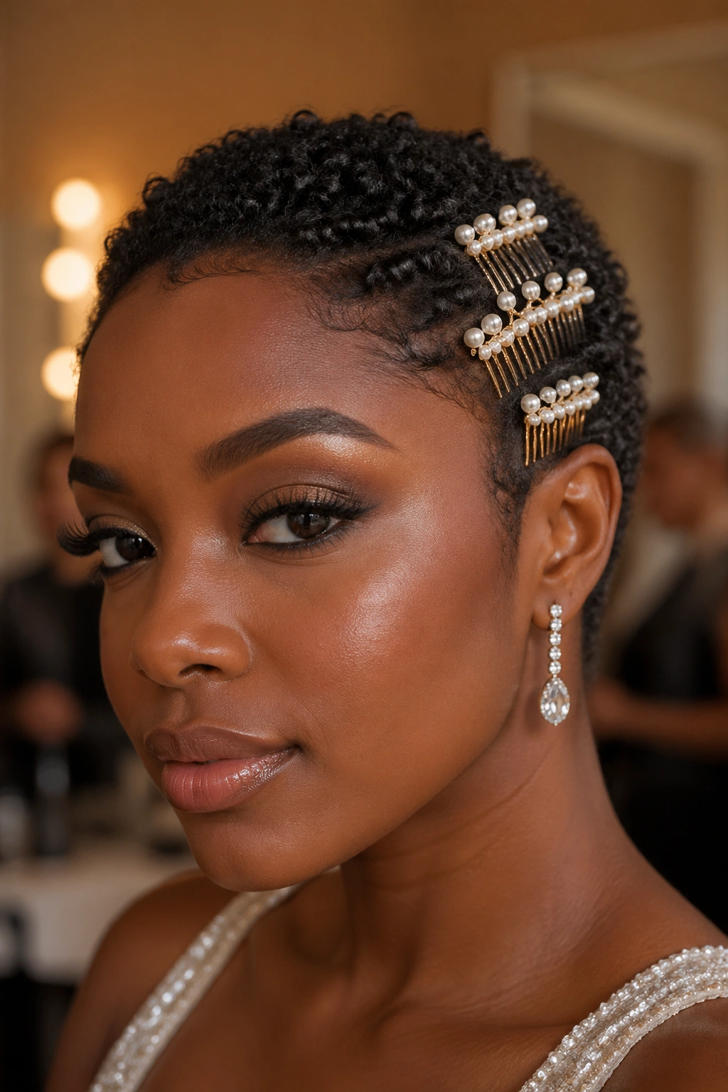 Short natural hair with a cluster of pearl combs at the temple on a real person