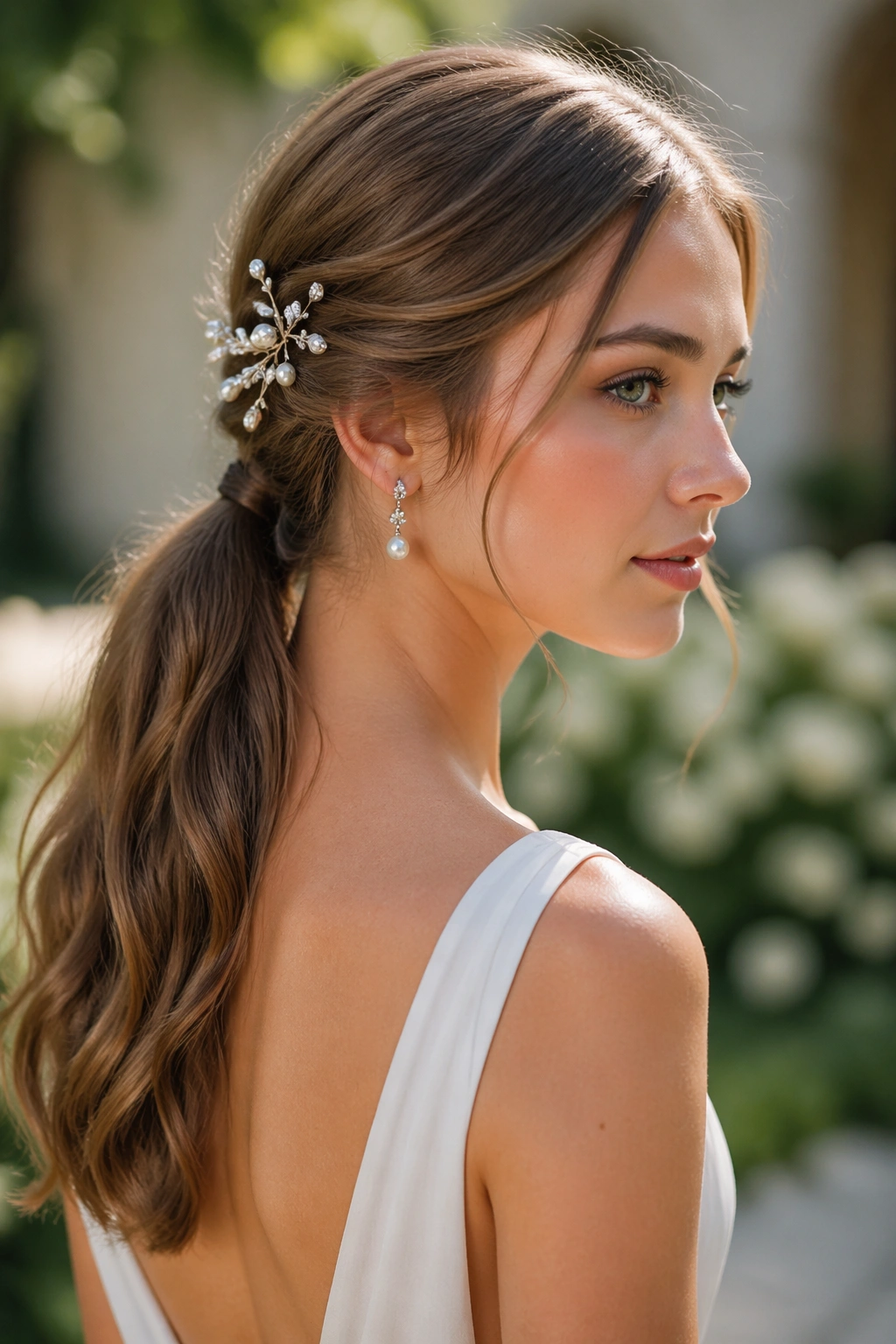 Close-up of a real woman with a soft low ponytail and pearl-crystal pins near the elastic.