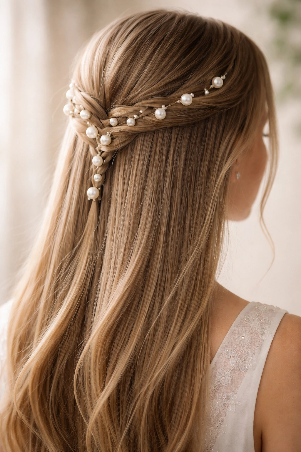 Pearl-dotted sections in a half-up hairstyle with pearl pins