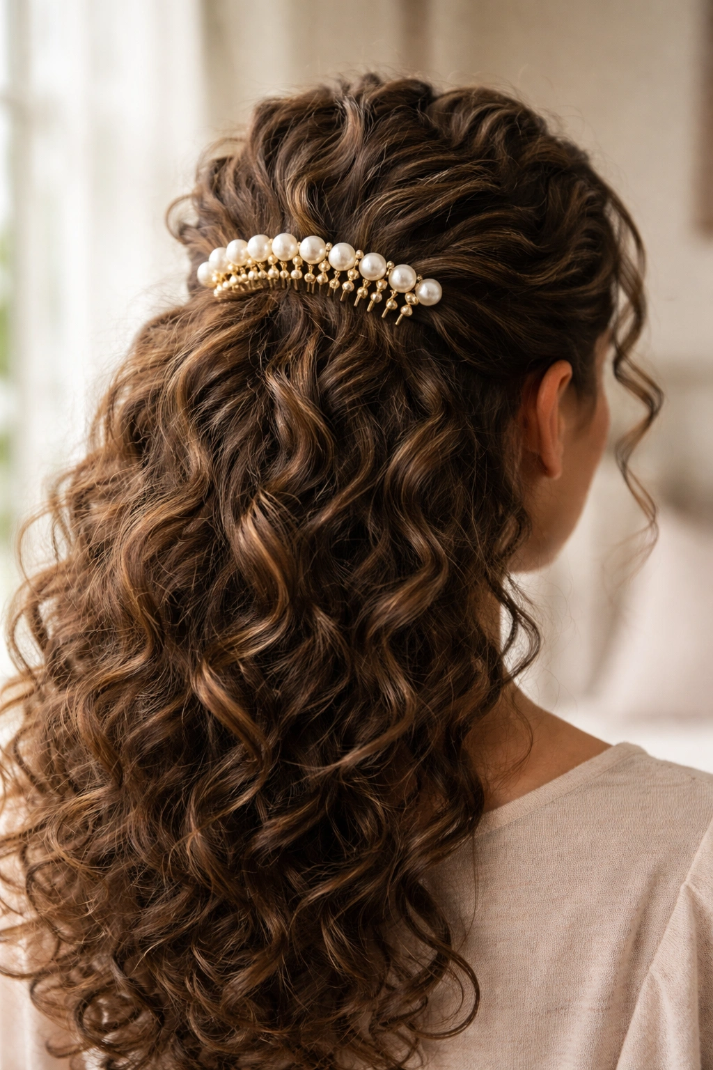 Close-up of a real woman wearing a curved-back pearl hair comb in a curly half-up style in a sunlit bedroom