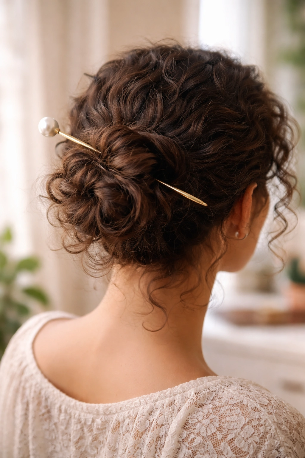 Close-up of a real woman wearing a pearl hair stick through a low bun