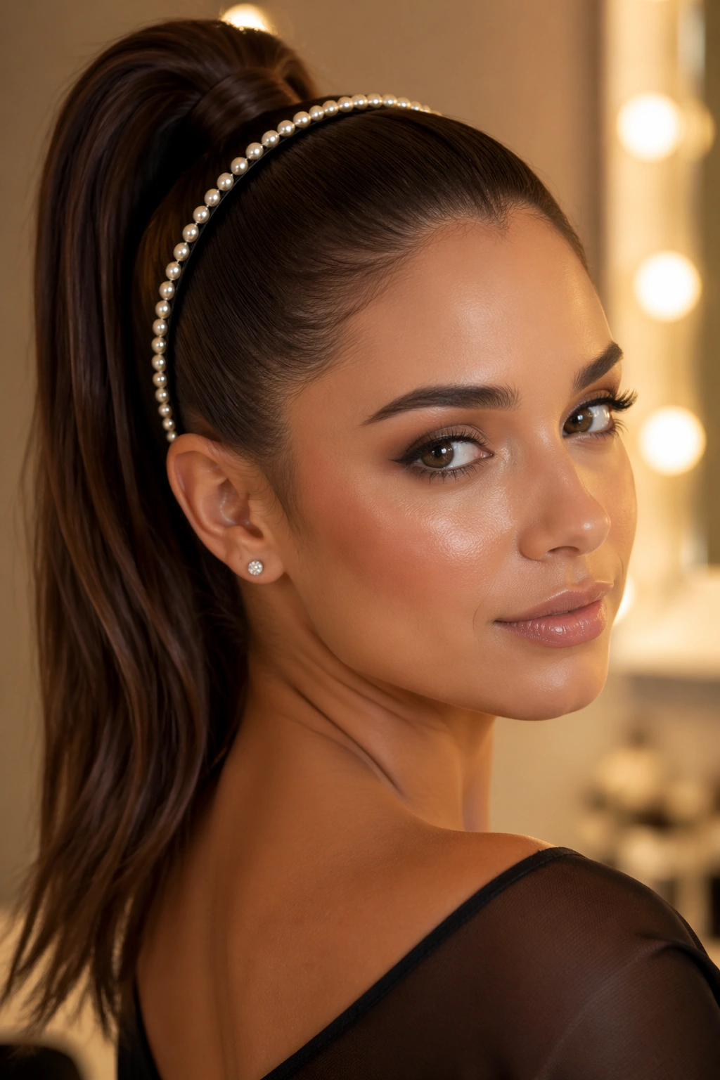 Close-up portrait of a real person with a pearl headband high ponytail for a dressy look.