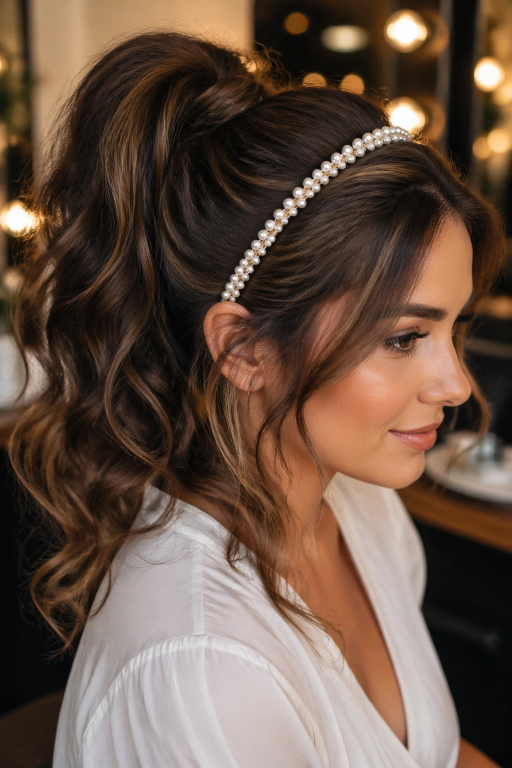 Portrait of a real woman with soft waves high ponytail and pearl headband in a chic indoor setting