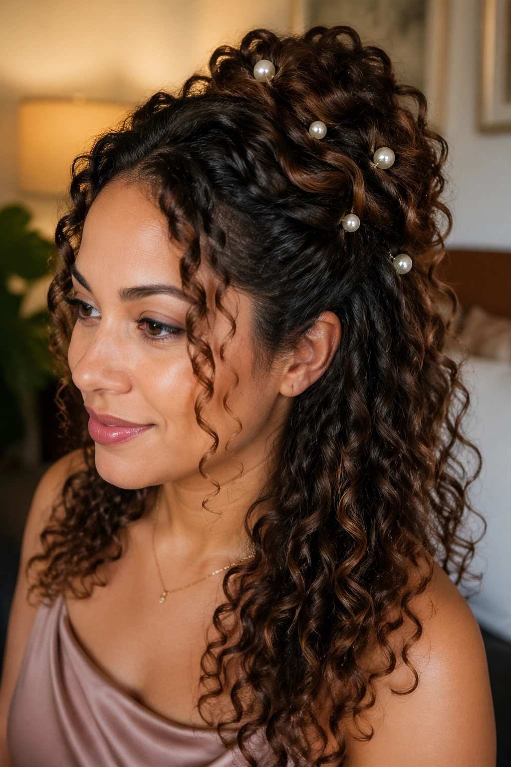 Portrait of a real woman with pearl-pin half-up curly style showing scattered pins along one side