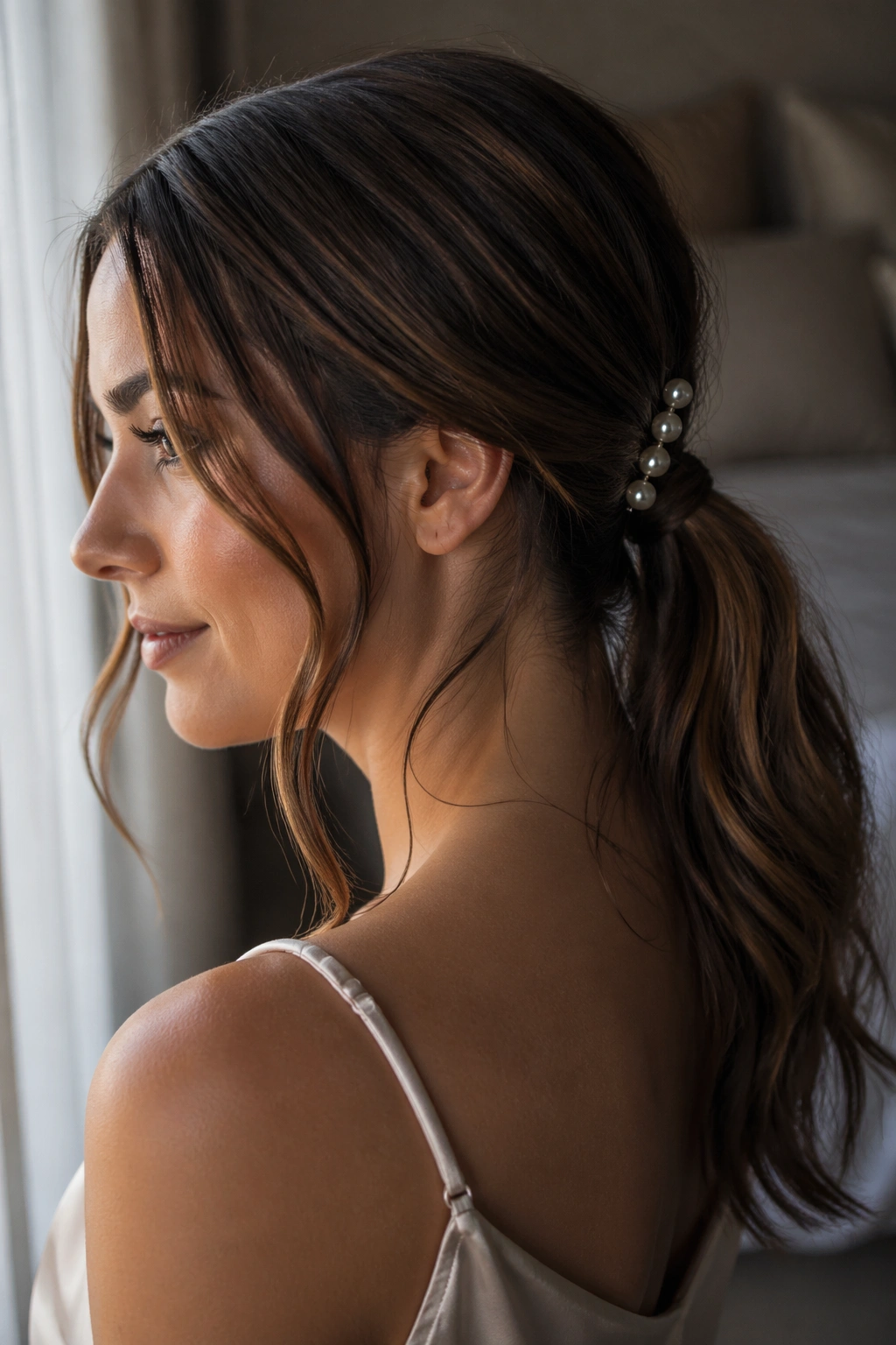 Close-up of a woman with a low ponytail and pearl pins along the base.