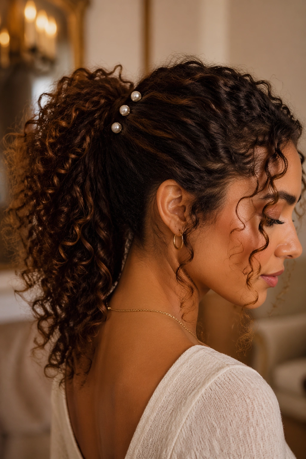 Real woman with pearl-pin ponytail in elegant room lighting