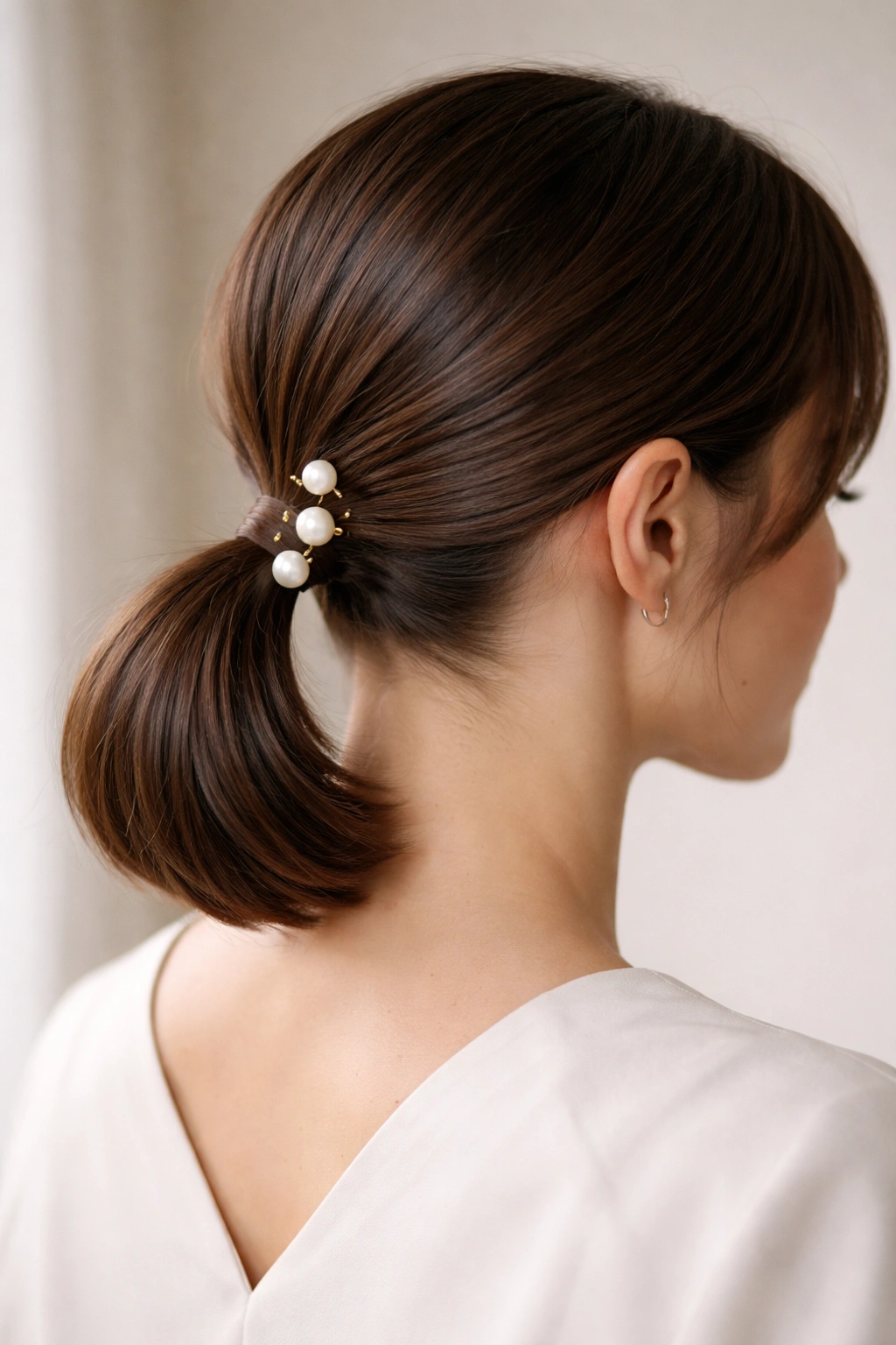 Low ponytail with three pearl pins along the base